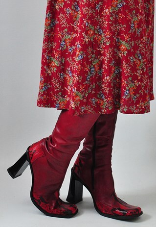 VINTAGE 90S BOOTS IN RED & FAUX SNAKESKIN DESIGN LONG BOOTS