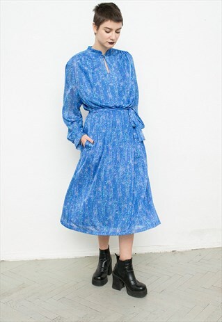VINTAGE MIDI DRESS BLUE FLORAL PATTERN LONG SLEEVED BELTED