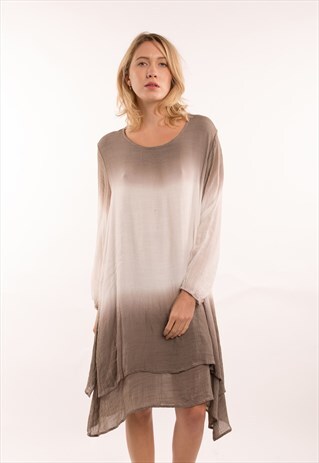 TIE DYE DOUBLE LAYER COTTON LONG SLEEVES DRESS OVERSIZED