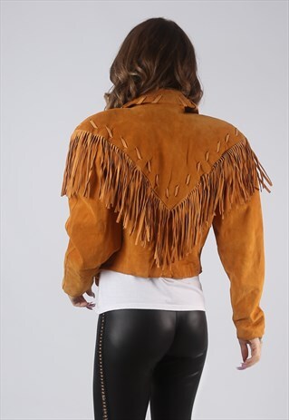 SUEDE LEATHER FRINGE TASSEL FITTED JACKET VINTAGE UK 10 CWCU