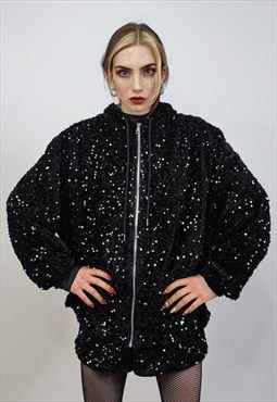 Black sequin hoodie glitter pullover sparkle jumper party 