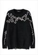 CABLE SWEATER DISTRESSED JUMPER RETRO TEXTURED TOP IN BLACK