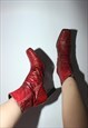 REVIVAL VINTAGE 90S RED LEATHER SNAKESKIN PRINT ANKLE BOOTS