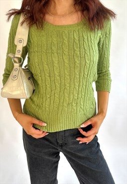 00s Loft Green Cable Knit Scoop Neck 3/4 Sleeves Jumper