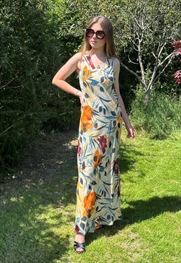 80's Vintage Adini Cream Blue Floral Bias Cut Maxi Dress