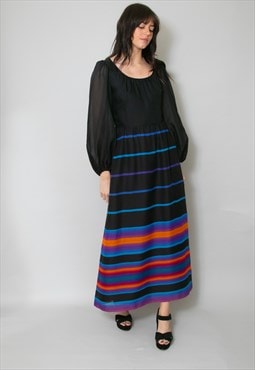 70's Vintage Ladies Bell Sleeve Black Stripe Maxi Dress 