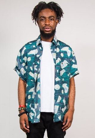 VINTAGE 90'S GREEN ABSTRACT SHORT SLEEVE SILK SHIRT