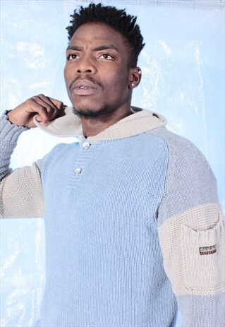 VINTAGE NAPAPIJRI BLUE AND GREY KNITTED JUMPER