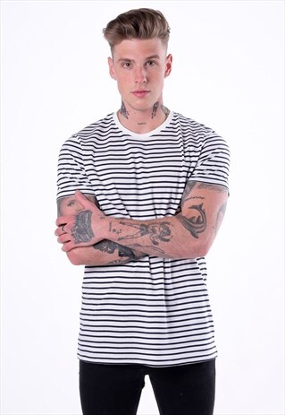 ESSENTIAL STRIPED T-SHIRT - WHITE/NAVY BLUE