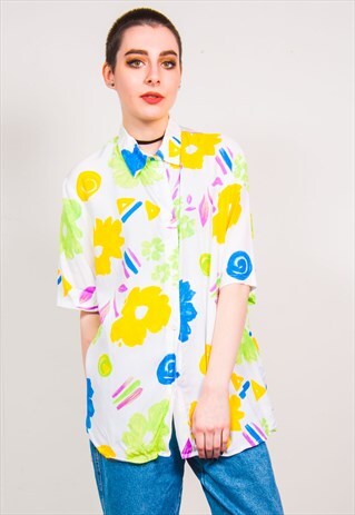 VINTAGE 90'S MUTICOLOUR FLORAL PATTERN SHORT SLEEVE SHIRT