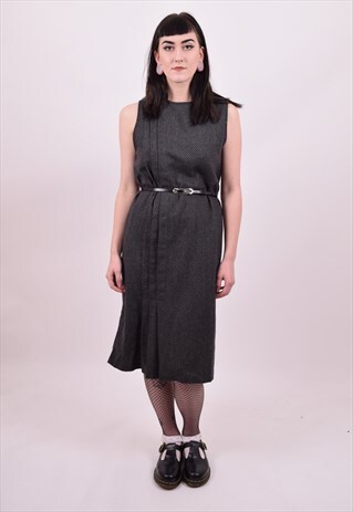 VINTAGE 70'S GREY SLEEVELESS WOOL MIX DRESS SIZE 10 12