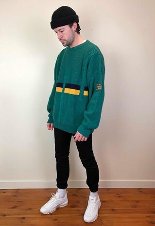VINTAGE 90S ELLESSE CHUNKY KNIT JUMPER GREEN XXL