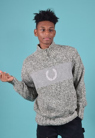 VINTAGE FRED PERRY OLIVE AND CREAM KNITTED JUMPER