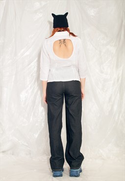 Reworked Vintage Shirt Y2K White Linen Cut-out Open Back Top
