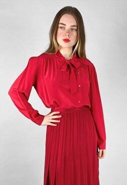 80's Red Ladies Long Sleeve Pussy Bow Blouse