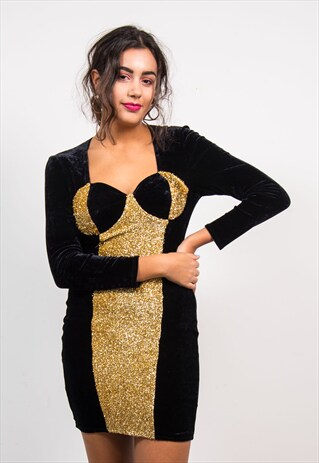 VINTAGE 80'S BLACK VELVET GOLD GLITTER MINI MADONNA DRESS