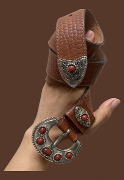 Vintage leather belt brown beaded 