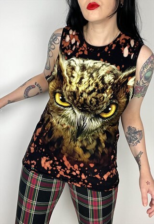 REWORKED ACID WASH OWL GRAPHIC T-SHIRT SIZE MEDIUM