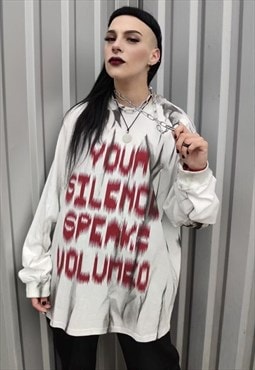 Silence slogan graffiti top tie-dye sweat thin jumper white