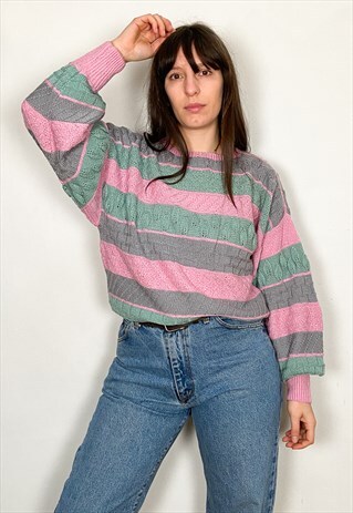 VINTAGE 80'S GREEN & PINK PATTERNED KNIT JUMPER