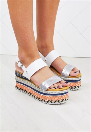 ROMY WHITE AZTEC WEDGE SANDALS