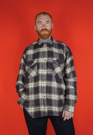 VINTAGE 1990S BROWN OVERSIZED CHECK FLANNEL SHIRT