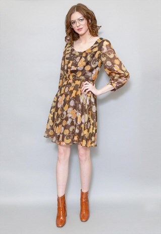 VINTAGE 1970'S BROWN MIXED PATTERNED TEA DRESS