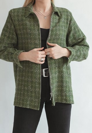 VINTAGE 80S BOXY CHECKERED GREEN BLAZER WITH ZIP