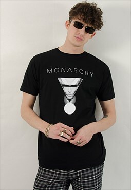 80s inspired Monarchy Graphic Print Tshirt in Black