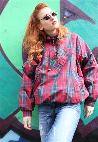 VINTAGE 80'S CHECKED TARTAN ZIP 1/4 JACKET