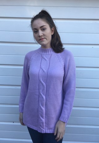 WOMENS VINTAGE 80S LIGHT PURPLE CABLE KNIT TURTLE NECK JUMPE