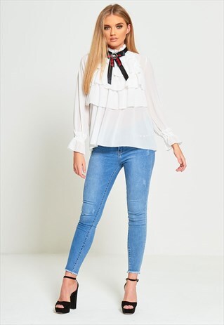 WHITE RUFFLE HIGH NECK BLOUSE WITH BROOCH