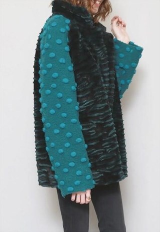 VINTAGE 1980'S GREEN MIXED ZEBRA & SPOT FAUX FUR COAT