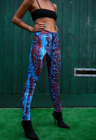 SNAKE PRINT PVC HIGH WAIST TROUSERS IN BLUE