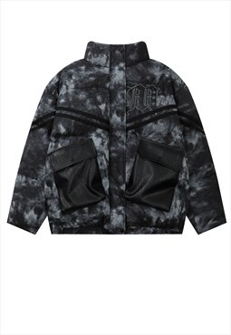 Tie-dye bomber jacket faux leather hip-hop puffer in black