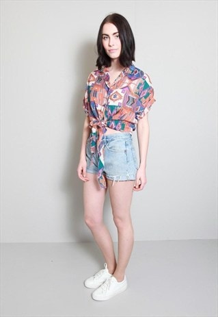 VINTAGE 1990'S CROPPED TIE UP AZTEC PRINTED SHEER SHIRT