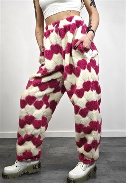 Heart fleece joggers fluffy heart emoji trousers rave pants