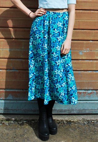 VINTAGE TURQUOISE FLORAL MIDI SKIRT