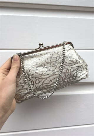 WOMENS VINTAGE 50S HANDBAG WHITE SILVER PATTERNED CLUTCH