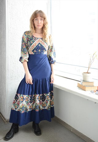 Vintage Blue Floral Print Maxi Cotton Bohemian Mexican Dress
