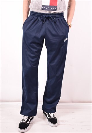 ASICS MENS VINTAGE TRACKSUIT TROUSERS MEDIUM NAVY BLUE 90S