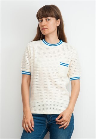 70S TENNIS STYLE KNIT TOP CREAM AND BLUE BOARDER TRIM