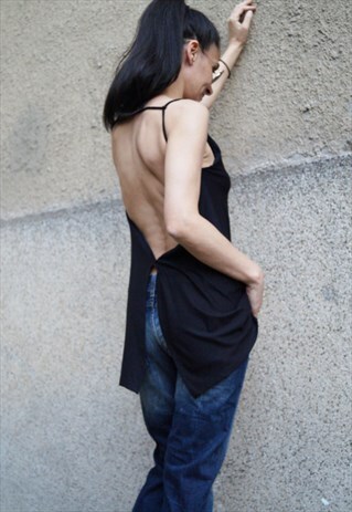 BLACK TOP/TUNIC/SUMMER/DRAPED/LOOSE/BACKLESS/F1621