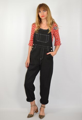 VINTAGE 90S BLACK DENIM LONG DUNGAREES OVERALLS
