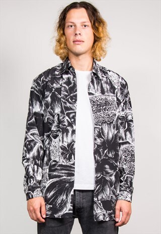 VINTAGE 90'S MONCHROME CRAZY PATTERN FESTIVAL SHIRT