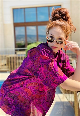 VINTAGE 80'S PURPLE PAISLEY PRINTED SHORT SLEEVE SHIRT