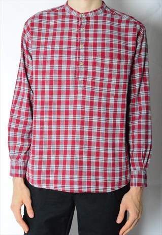 VINTAGE 80S RED CHECK COLLARLESS SHIRT