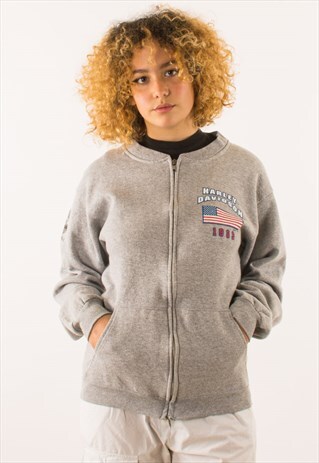VINTAGE 90S GREY HARLEY DAVIDSON FULL ZIP SWEATSHIRT
