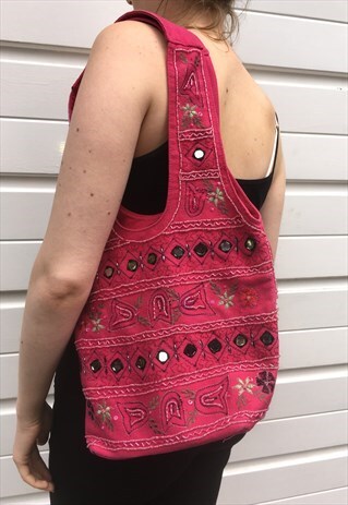 WOMENS VINTAGE FESTIVAL BOHO BAG PINK MIRRORED EMBROIDERED