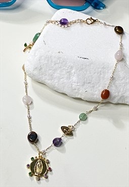 Coloured Gemstone Saint Charm Necklace